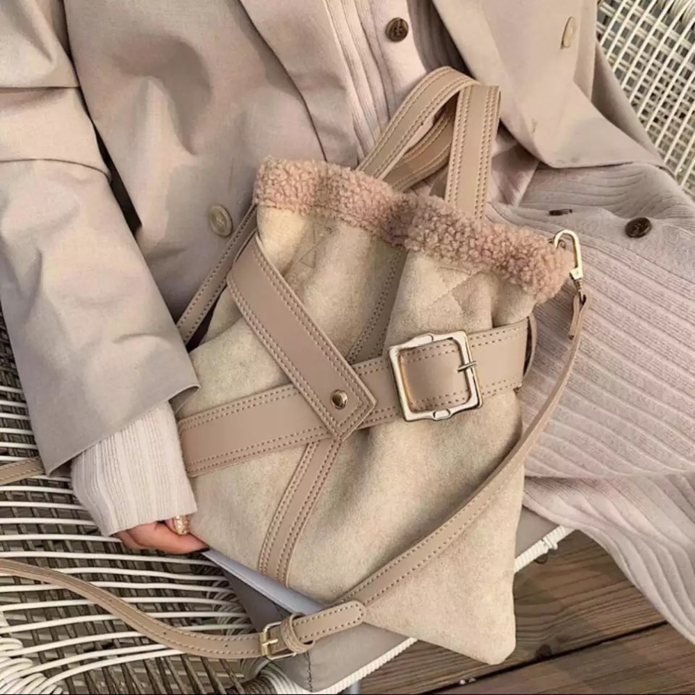 Bucket bag shoulder duo-style womens khaki cream belt magnet fuzzy soft leather